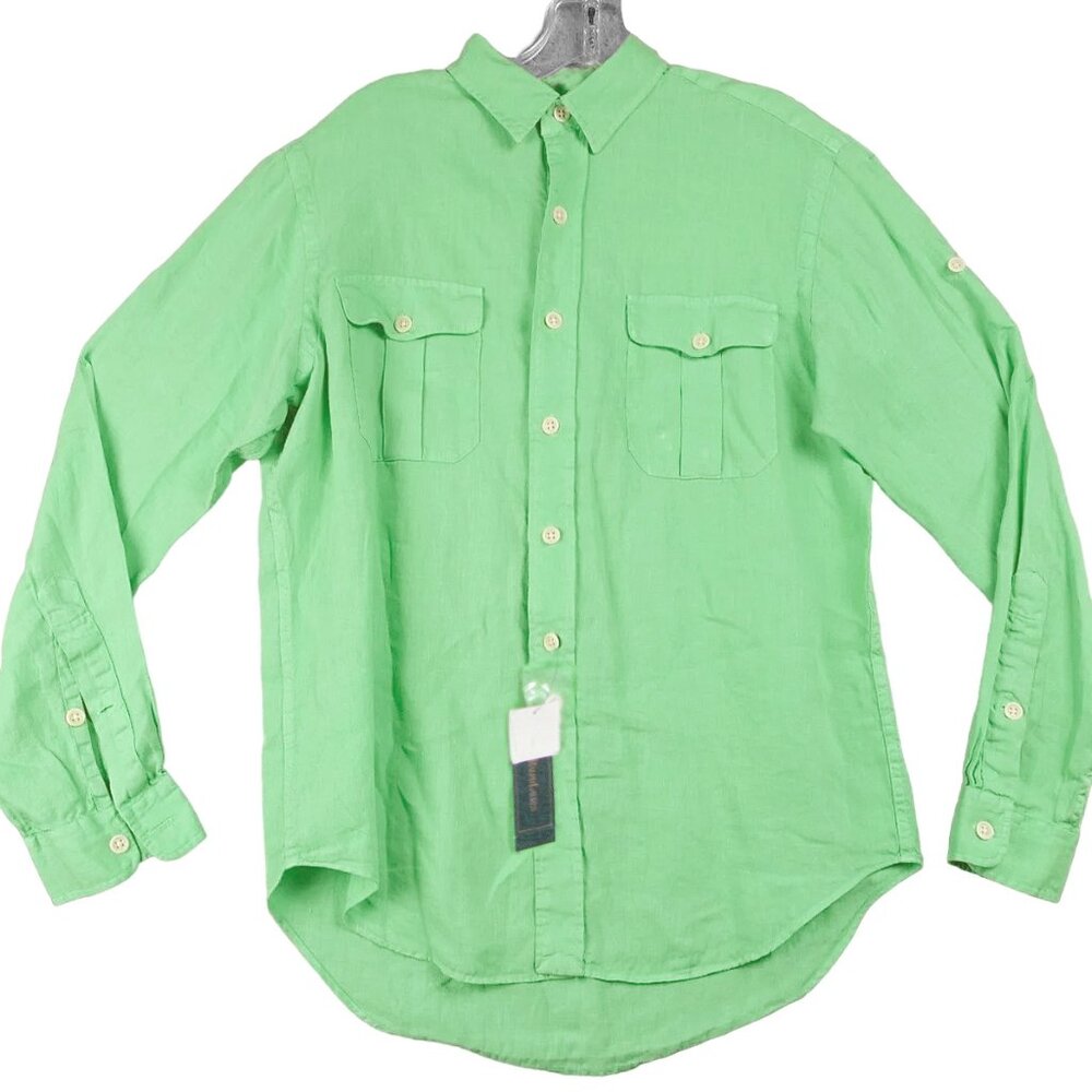 NEW $145 Polo Ralph Lauren Colorful Linen Shirt! Green Long Sleeve Runs Large